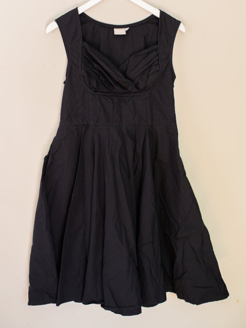eShakti Black Cotton Dress with Vintage-Style Gathered Bust Detail